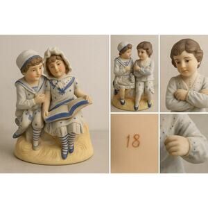 Antique Bisque Figurines Boy & Girl Pair Reading & Cat Scene German 1800s